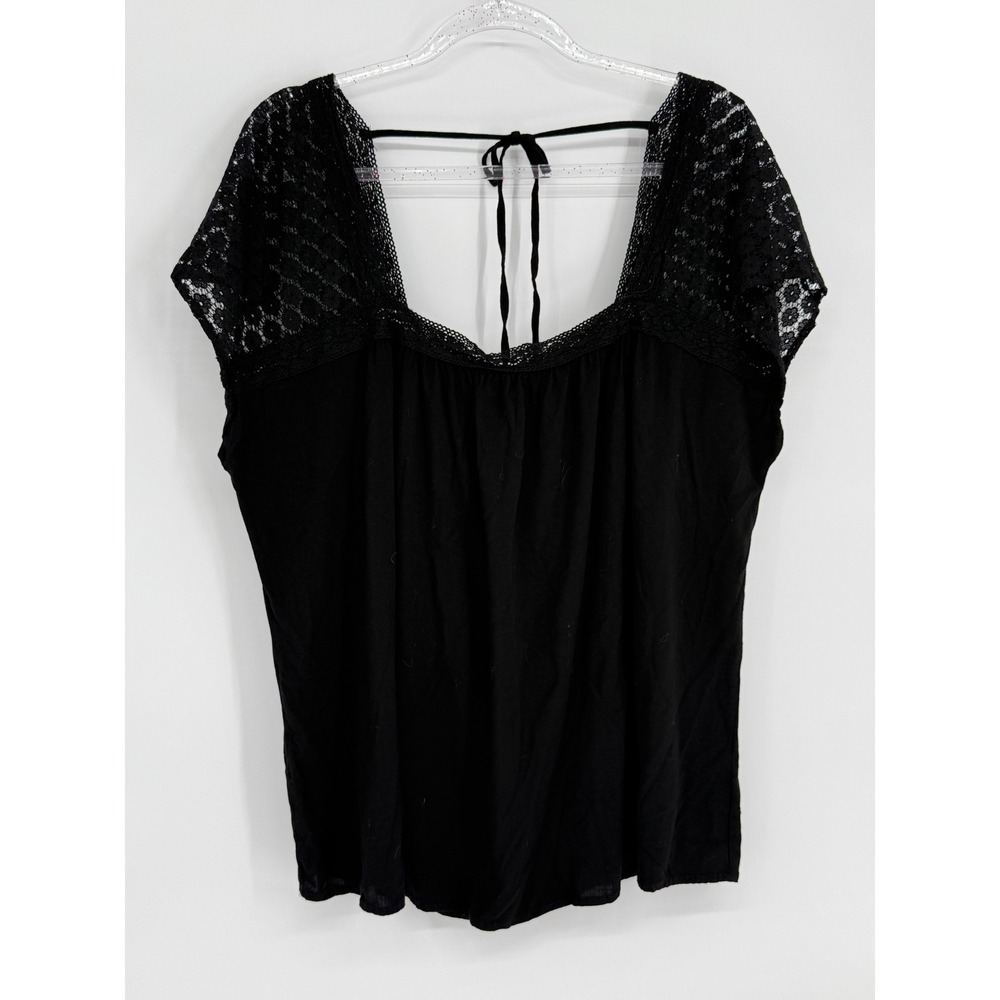 Torrid Black Lace Shoulder Tie Back Square Neck Short Sleeve Boho Blouse Sz 2
